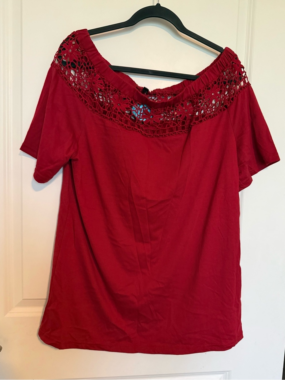 Red Off-Shoulder Crochet Trim Women's Top